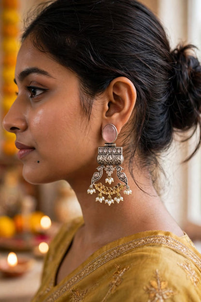 Peacock Oxidized Silver Statement Chandbalis