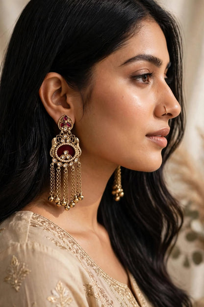 Antique Gold Kundan Tassel Jhumka Earrings