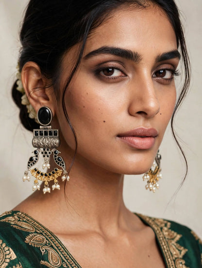 Peacock Oxidized Silver Statement Chandbalis