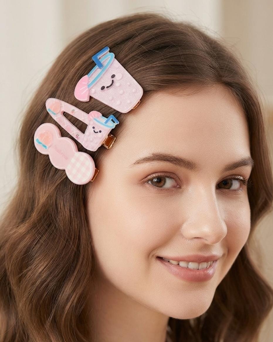 🍹 Kawaii Pink "Fruit Juice" Hair Clip Set (3-Piece)