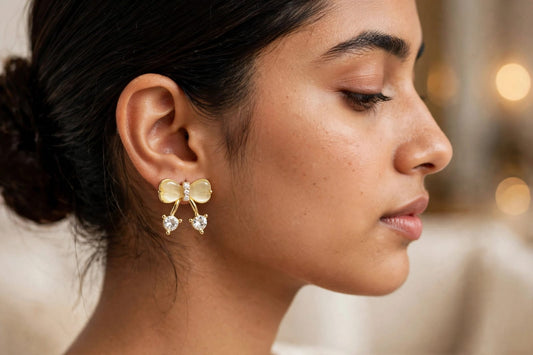 Cherry Bow - Gold Bow & Crystal Drop Earrings