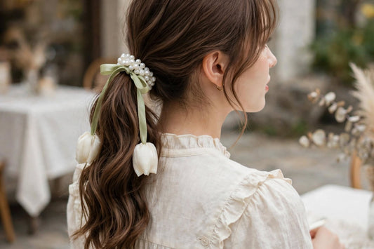 Pearl Cluster with Tulip Ribbon Ponytail Holder