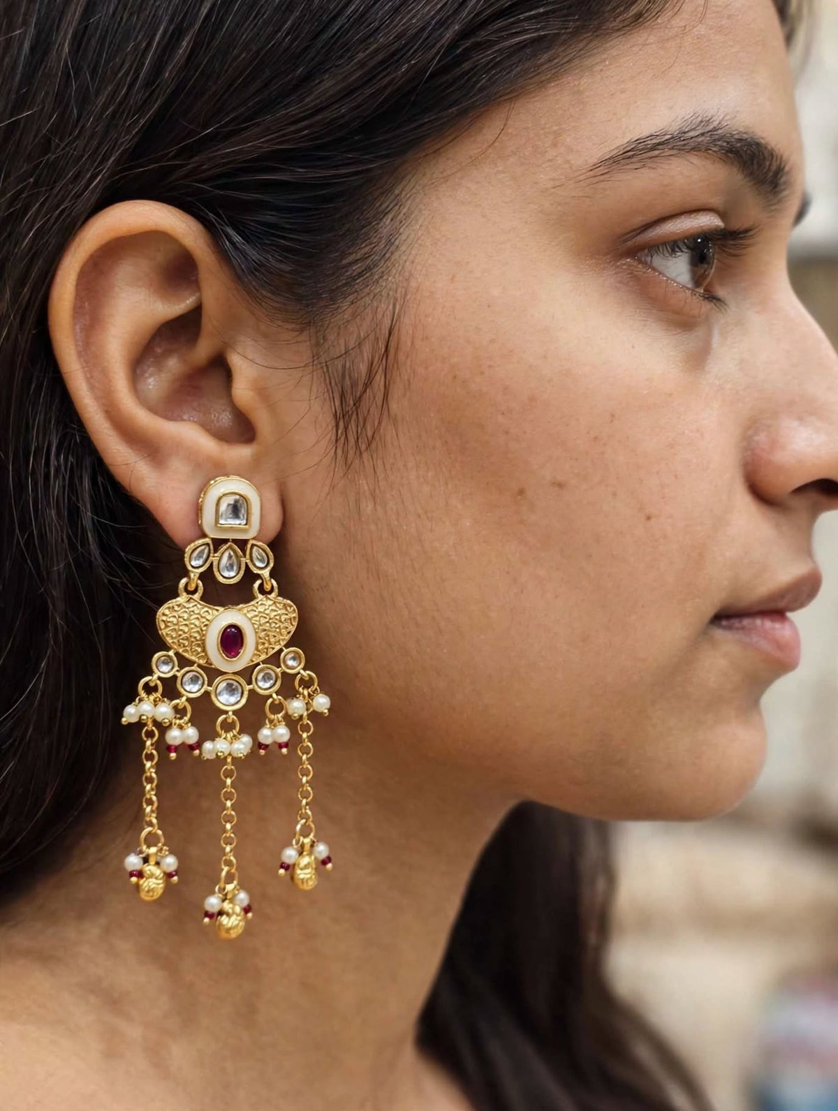 Noor Kundan Chandelier Earrings with Pearl Drops