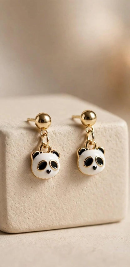Panda Love Gold Ball Drop Enamel Earrings
