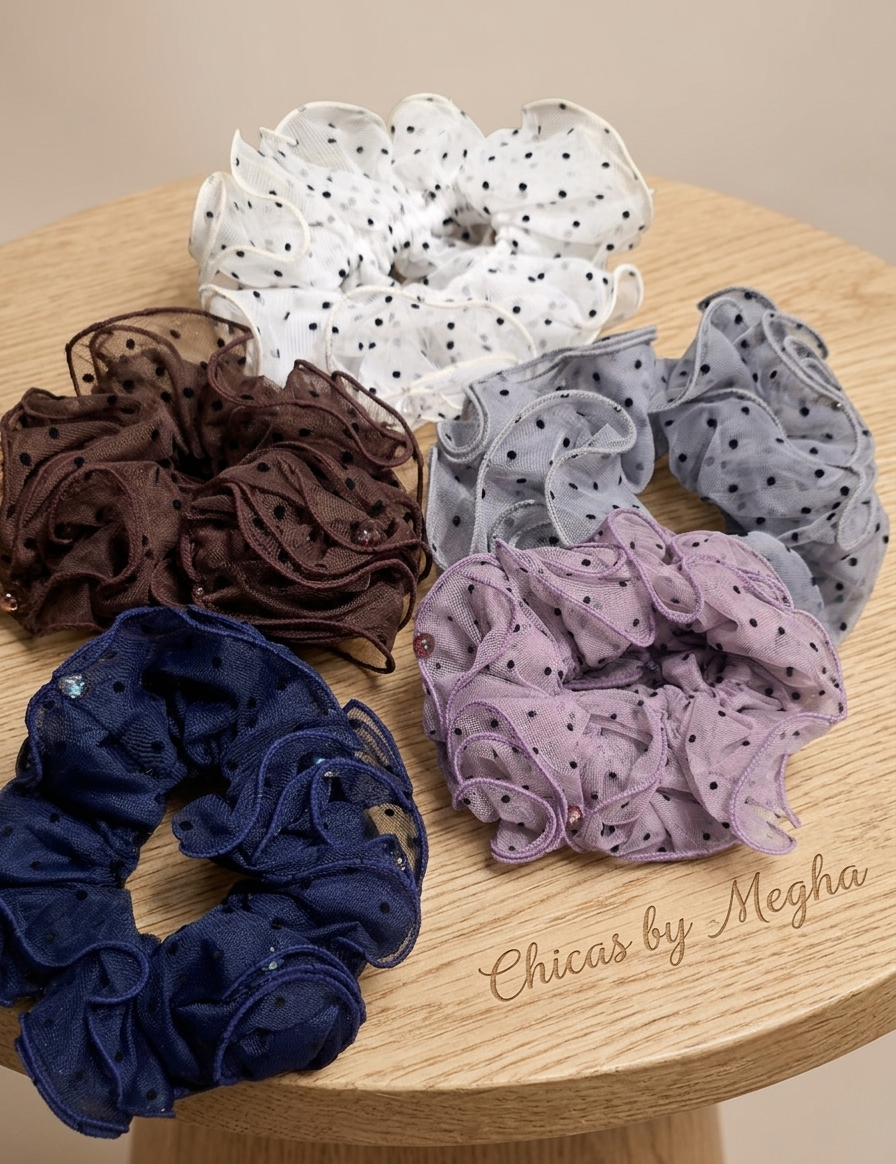 The Polka Dot Ruffle Mesh Scrunchie