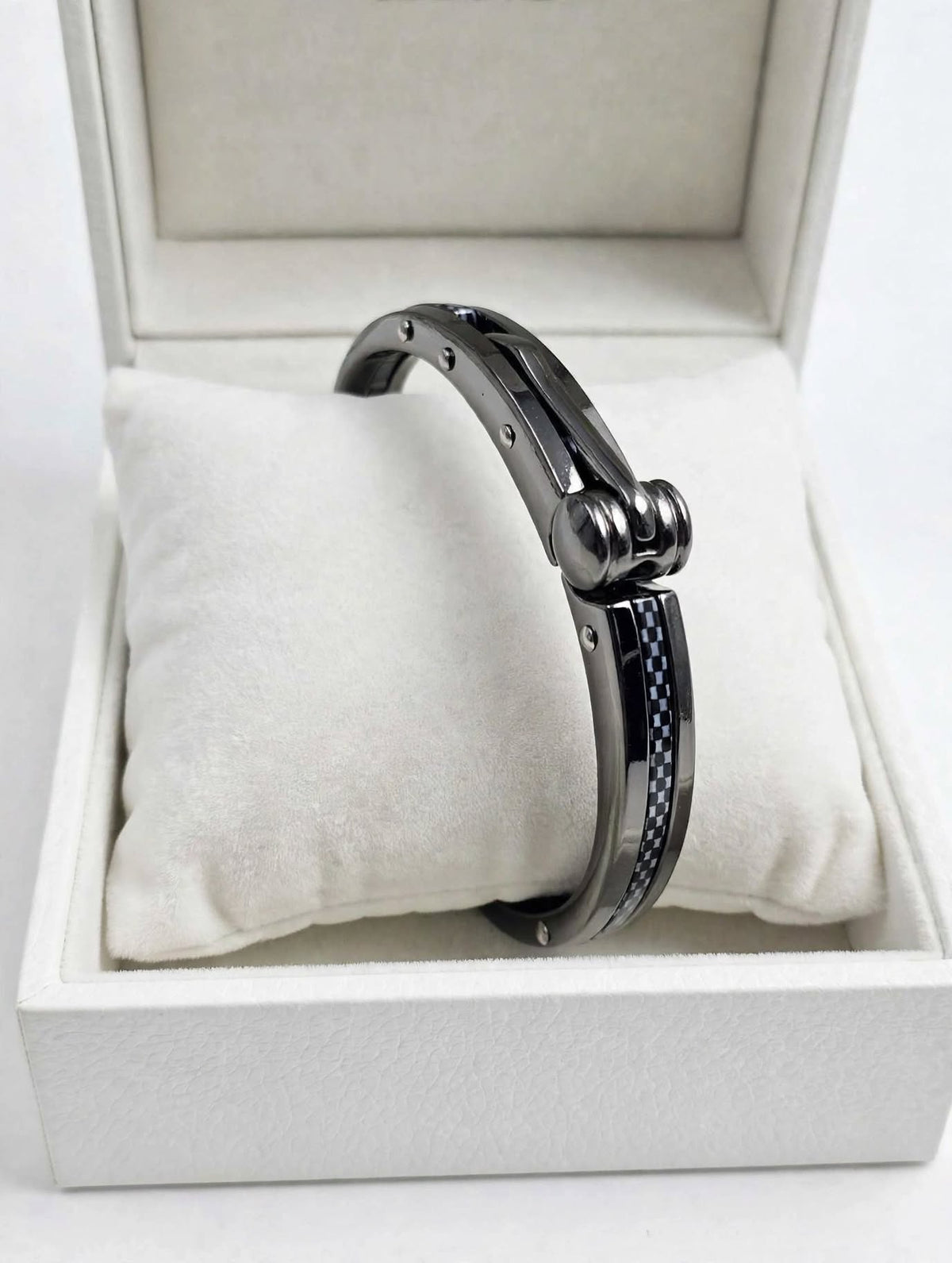 Black Checkered Hinged Bracelet for Men