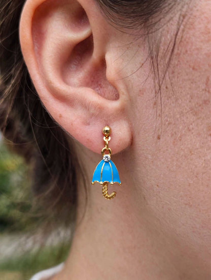Blue Enamel Umbrella Drop Earrings with Crystal
