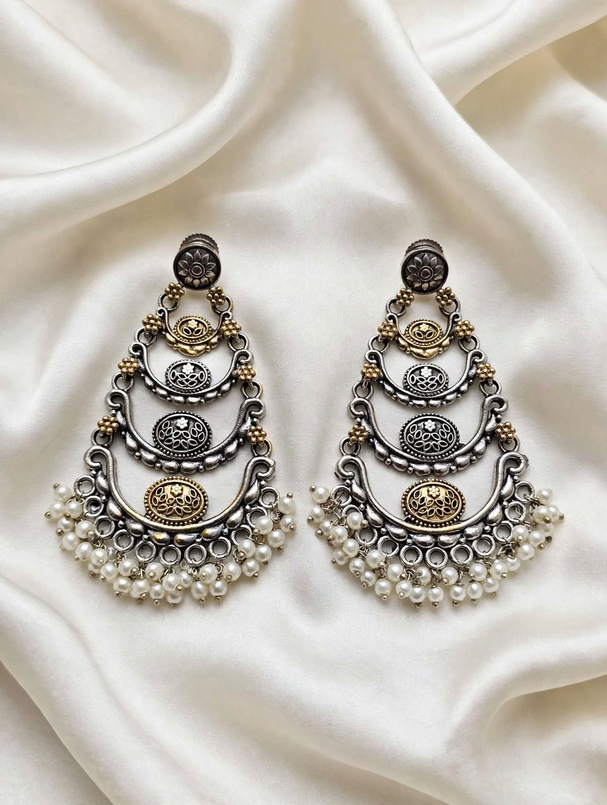 Dual Tone Layered Pearl Chandbali Earrings