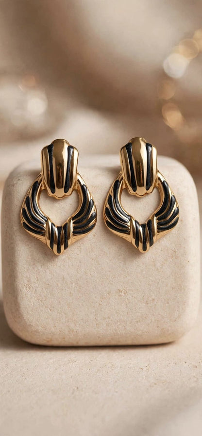 Noir Vintage Enamel Statement Earrings Gold & Black