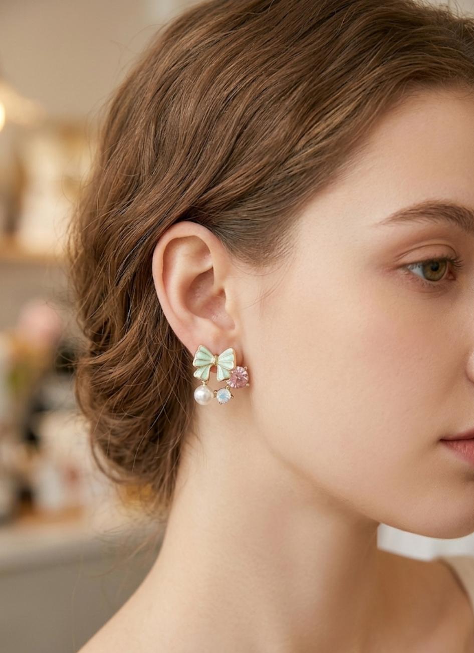 Mint Bow & Pearl Stud Earrings