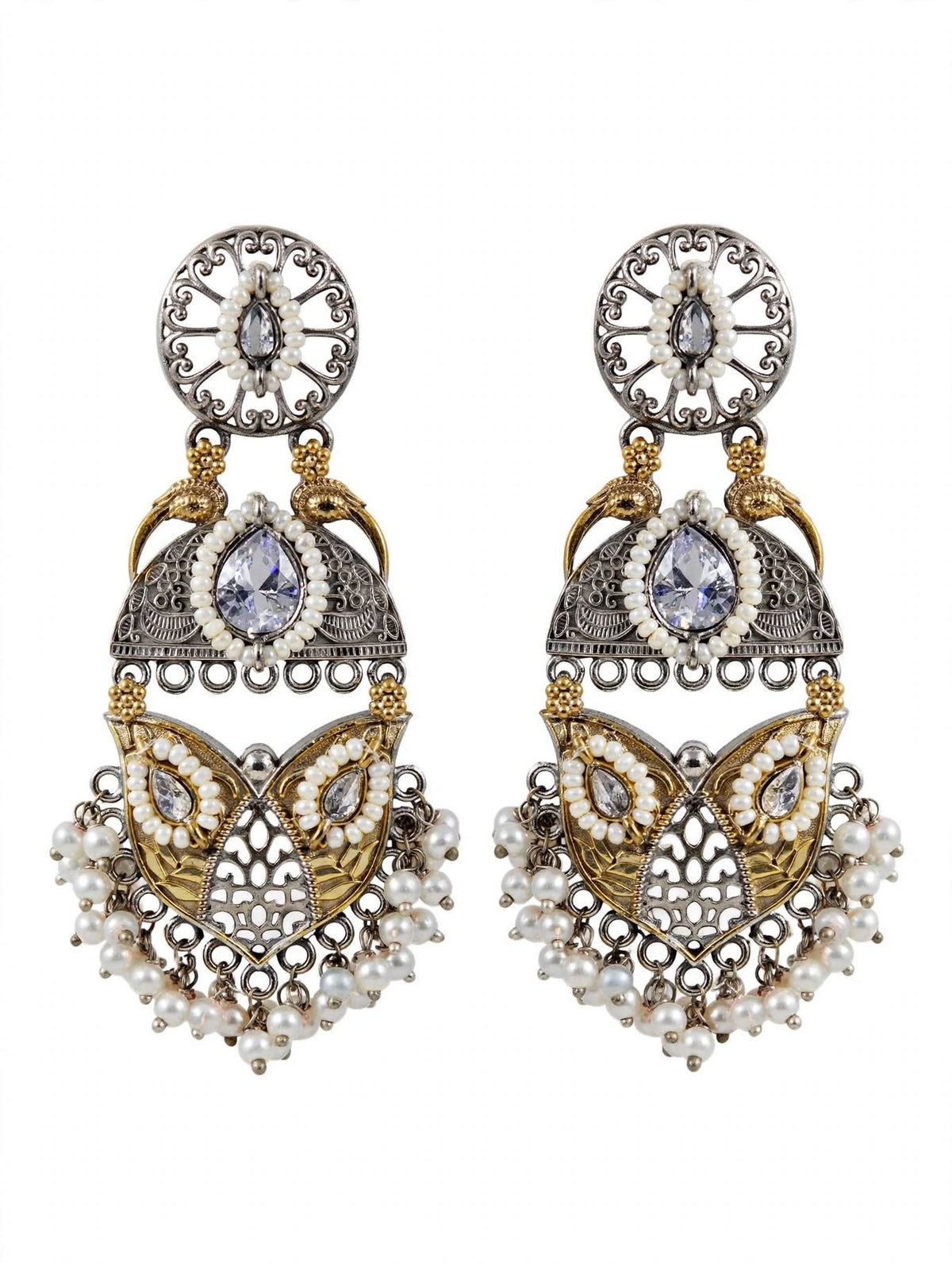 Dual-Tone Oxidized Silver Statement Jhumka Earrings with Pearls