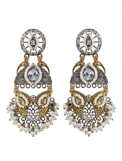 Dual-Tone Oxidized Silver Statement Jhumka Earrings with Pearls