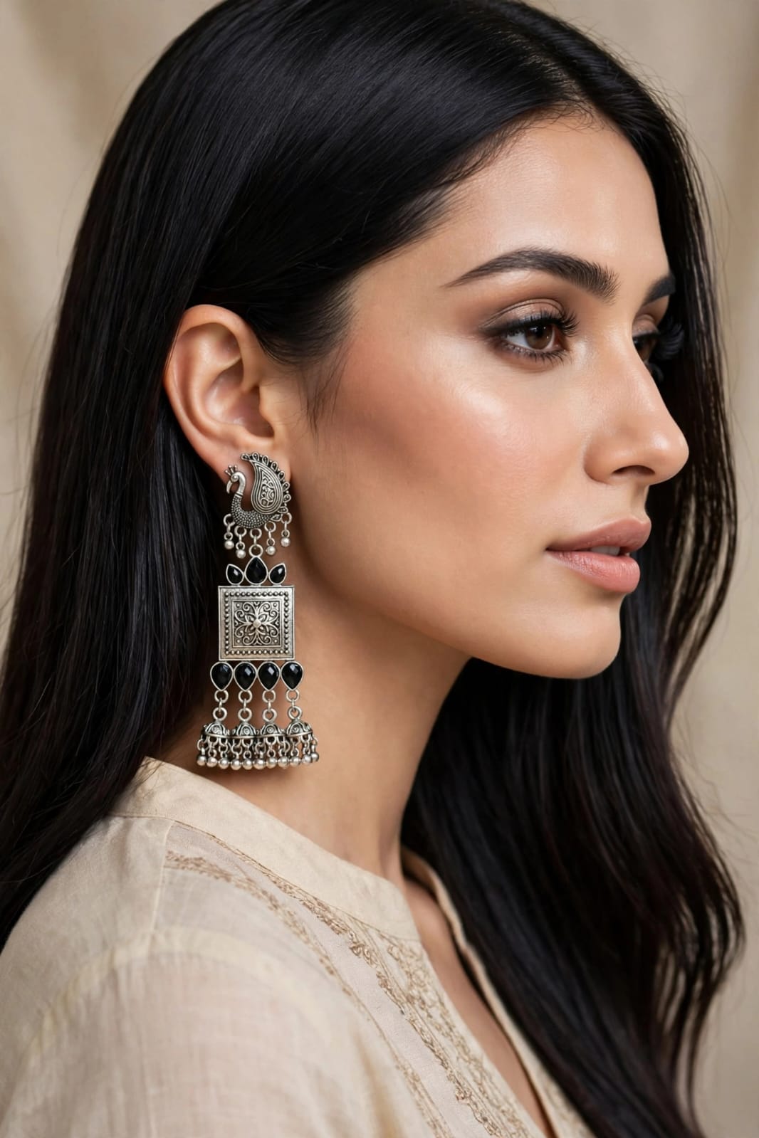 Mayura Oxidized Silver Peacock Jhumka