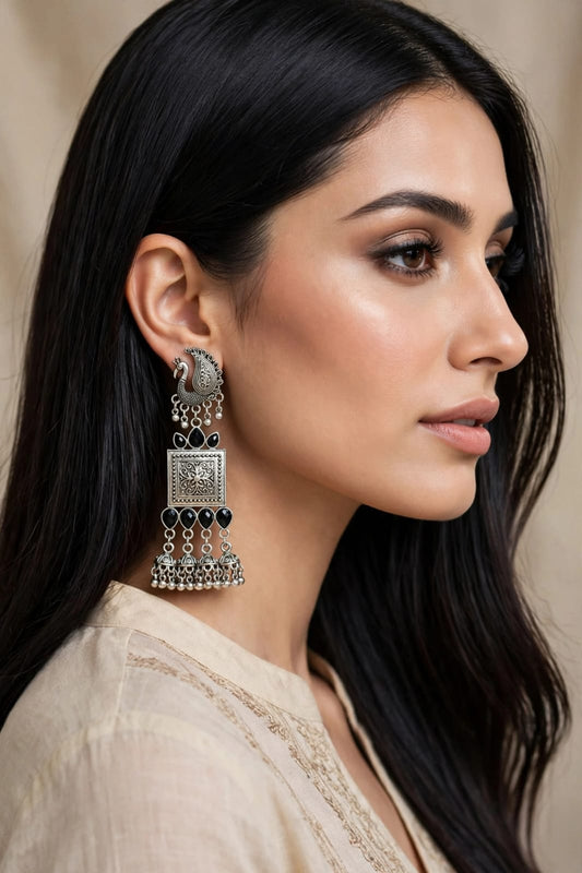 Mayura Oxidized Silver Peacock Jhumka
