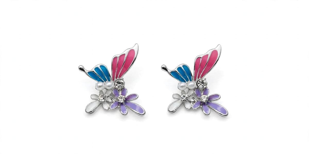 Fairy Garden Butterfly Enamel Flower Stud Earrings