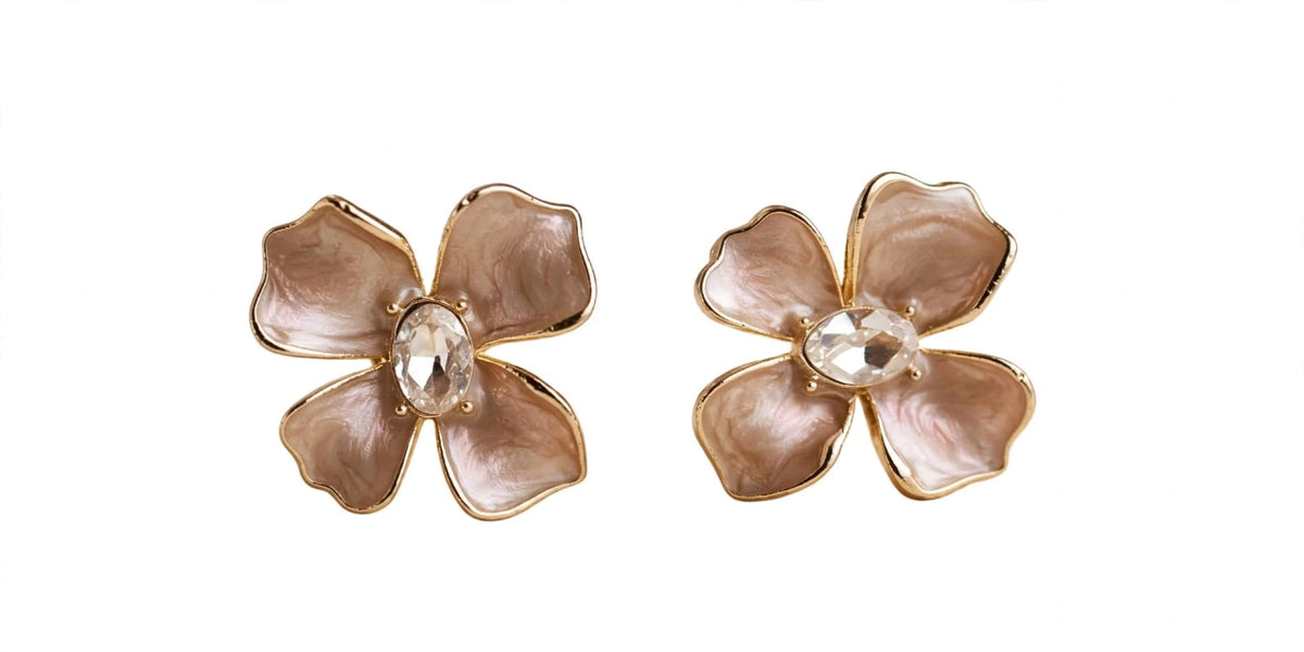 Flora Pearlescent Flower Crystal Stud Earrings - Gold