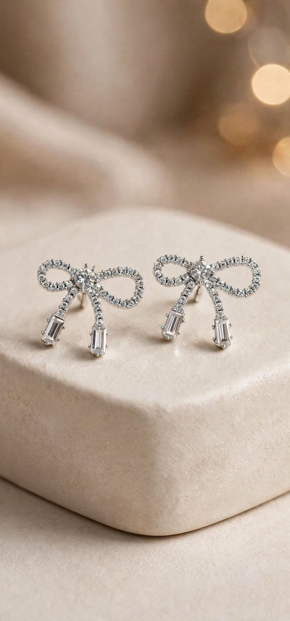 Bella Crystal Bow Drop Earrings - Silver