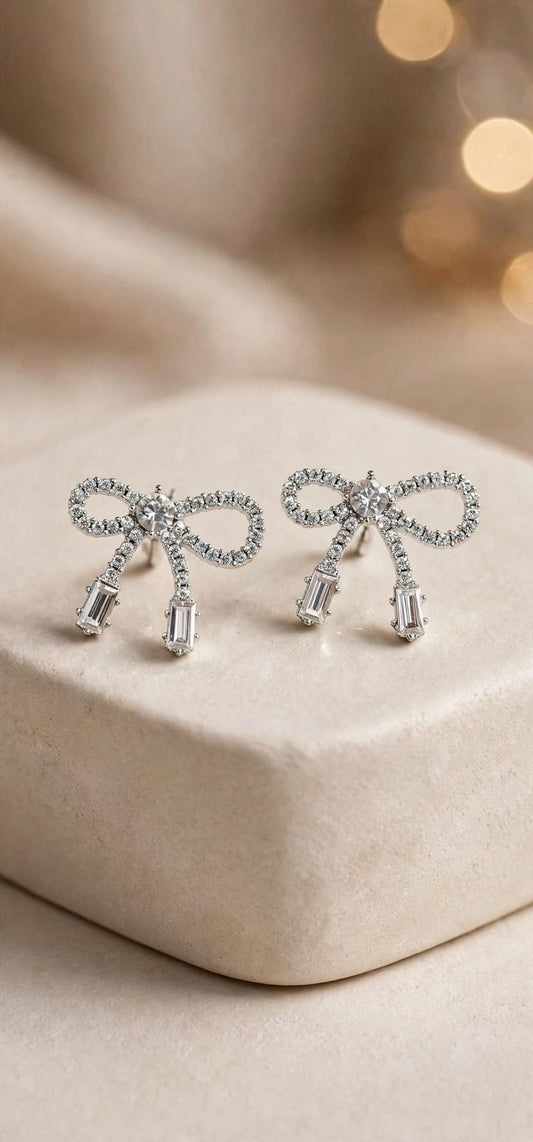 Bella Crystal Bow Drop Earrings - Silver