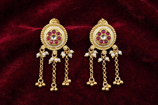 Rajwada Round Stud Earrings with Chain Drops