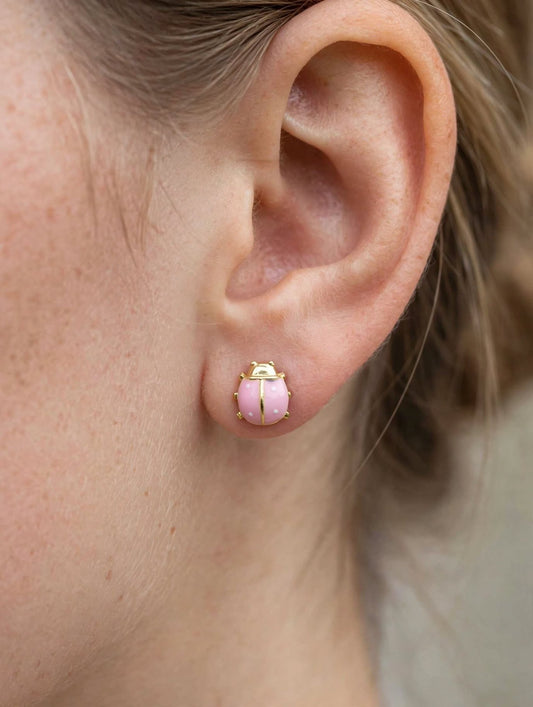 Pink Polka Dot Mini Ladybug Enamel Stud Earrings