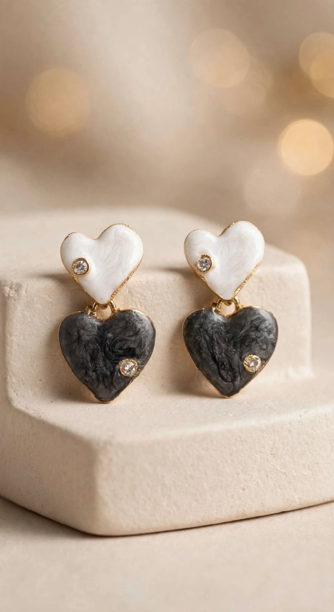 Yin Yang Crystal Heart Earrings Black and White