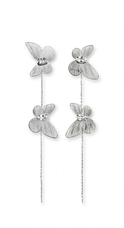 Flutter Silver Butterfly Long Tassel Drop Earrings