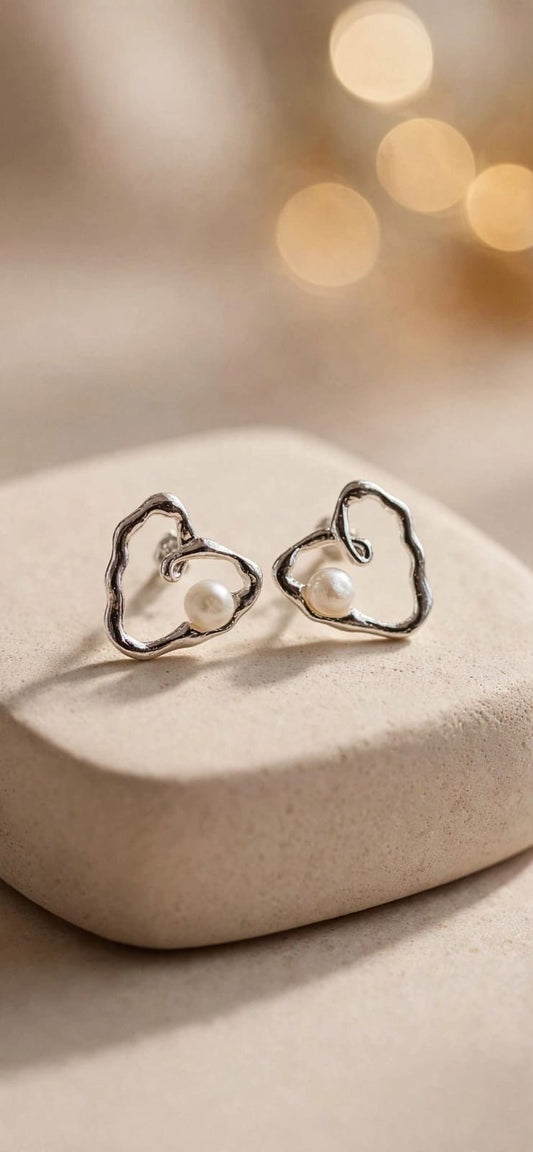 Amour Molten Heart Pearl Stud Earrings Silver