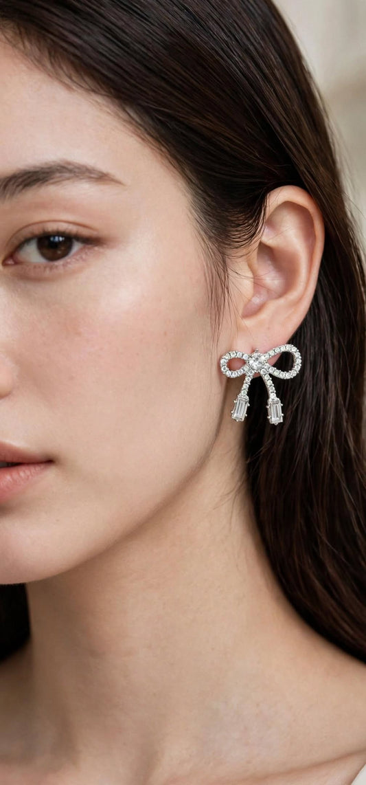 Bella Crystal Bow Drop Earrings - Silver