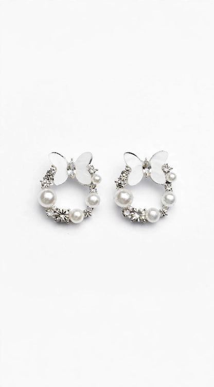 Butterfly Pearl & Crystal Hoop Silver Earrings
