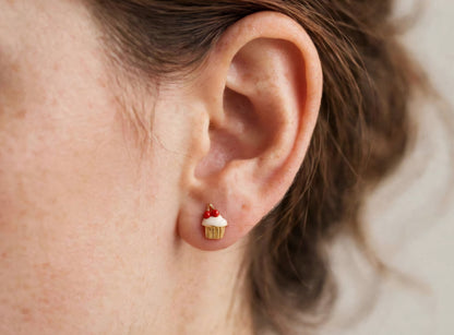 Cherry on Top - Gold Cupcake Stud Earrings