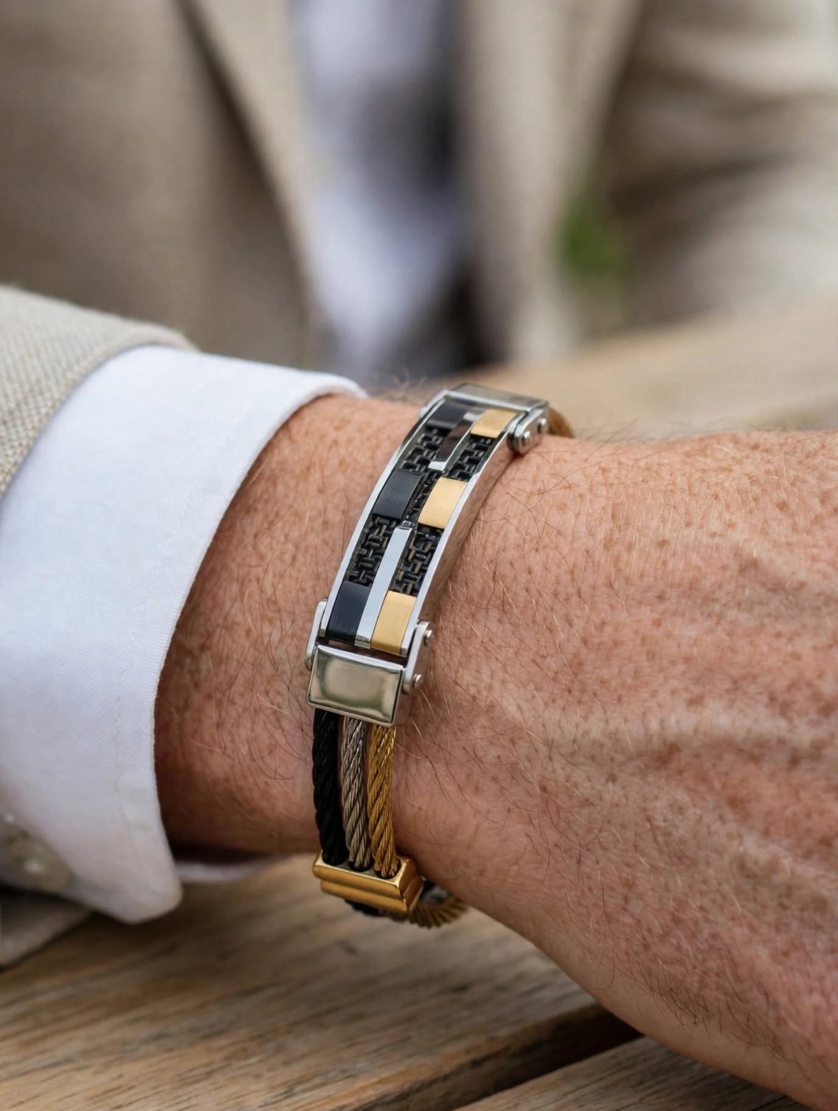 Black Gold Silver Tri-Color Cable Bracelet for Men