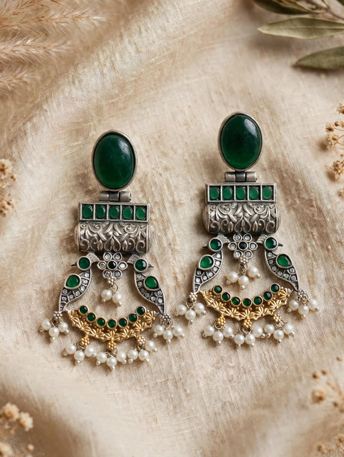 Peacock Oxidized Silver Statement Chandbalis