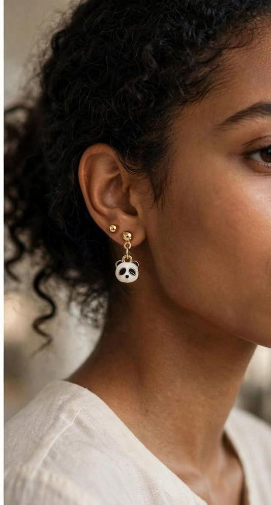 Panda Love Gold Ball Drop Enamel Earrings