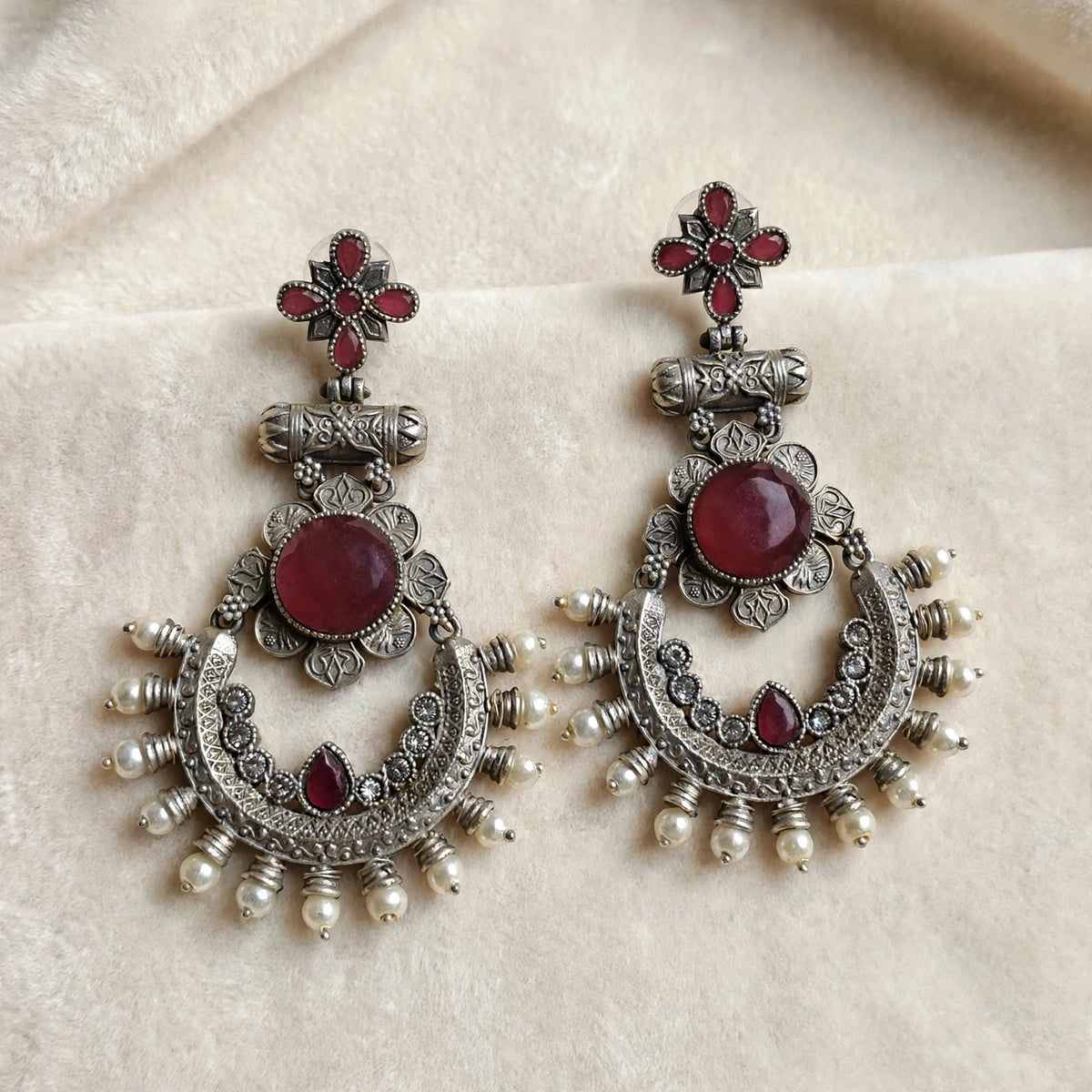 Oxidized Silver Stone Chandbali Earrings