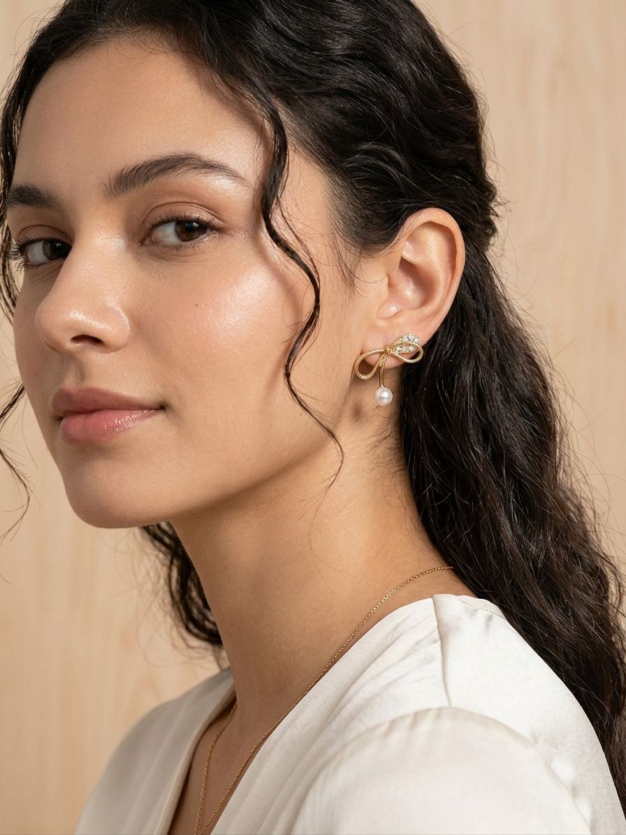 Golden Ribbon & Pearl Drop Studs