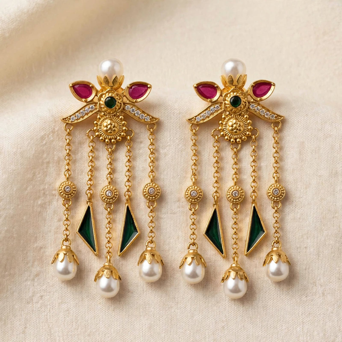 Gold Pearl Tassel Jhumka Earrings