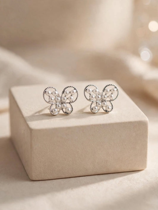 Celeste Mini Pearl Butterfly Stud Earrings - Silver