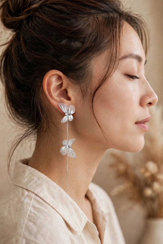 Flutter Silver Butterfly Long Tassel Drop Earrings