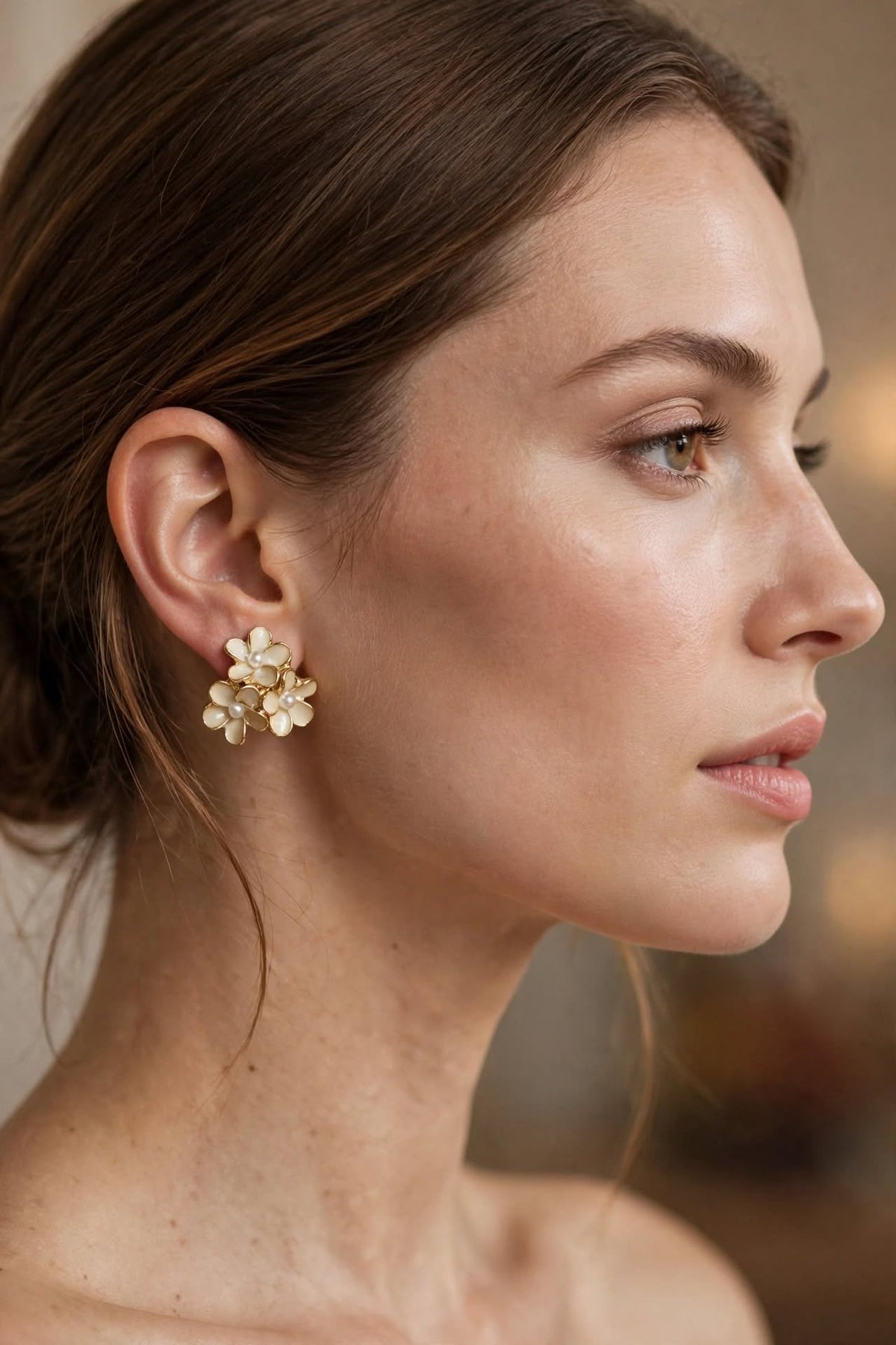 Ivory Bouquet Triple Flower Pearl Stud Earrings