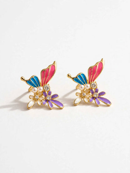 Fairy Garden Butterfly Enamel Flower Stud Earrings