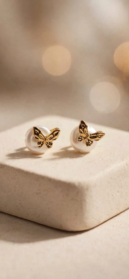 Papillon Gold Butterfly Pearl Stud Earrings