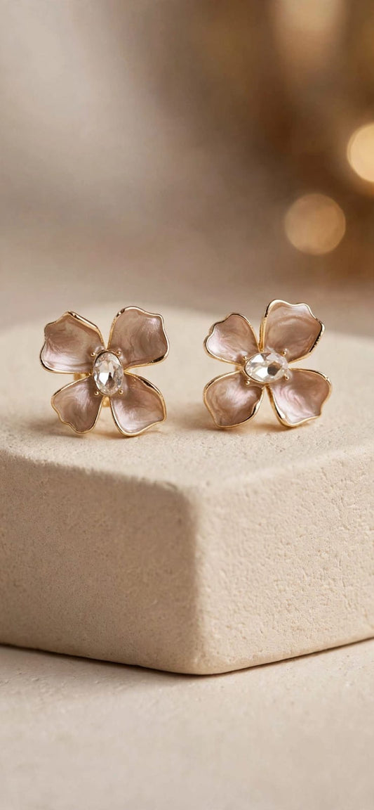 Flora Pearlescent Flower Crystal Stud Earrings - Gold
