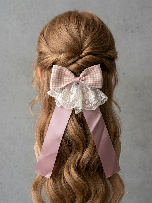 Rosé Gingham & Lace Bow