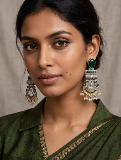 Peacock Oxidized Silver Statement Chandbalis