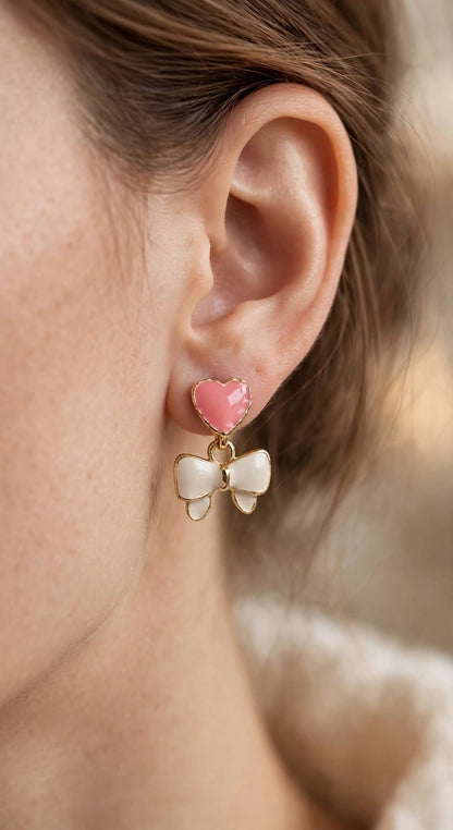 Sweetheart Bow Drop Earrings - Pink & White Enamel