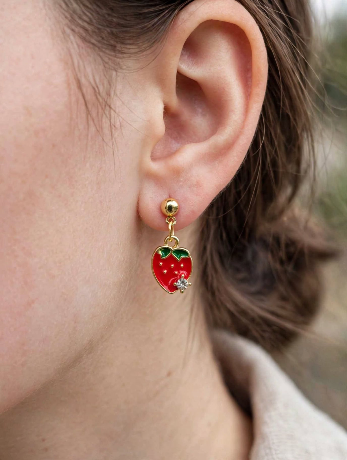 Red Strawberry Enamel Crystal Drop Earrings