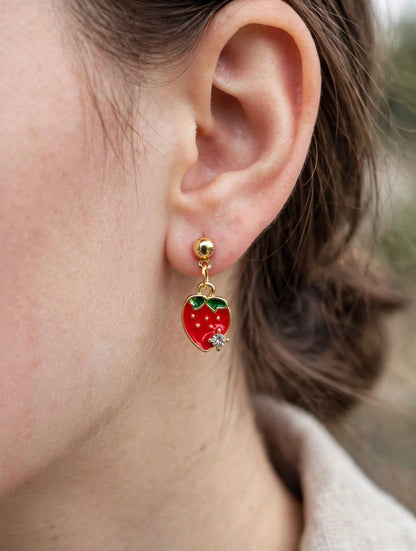 Red Strawberry Enamel Crystal Drop Earrings