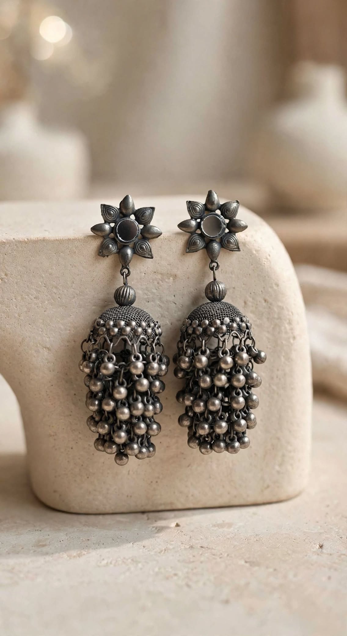 Silver Oxidized Mirror Flower Ghungroo Jhumka