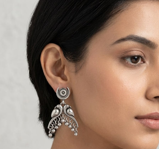 The Silver Avian Aura Oxidized Jhumkas