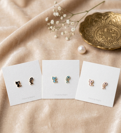 Kitty's Catch - Mismatched Cat & Fishbone Stud Earrings